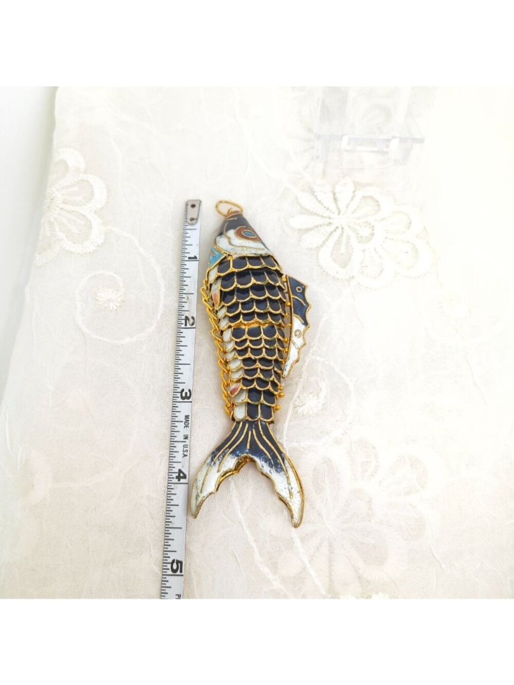 VTG Chinese Gilt Silver & Cloisonne Deep Blue Enamel Fish/Koi Pendant 4.5" LRG - Picture 8 of 11